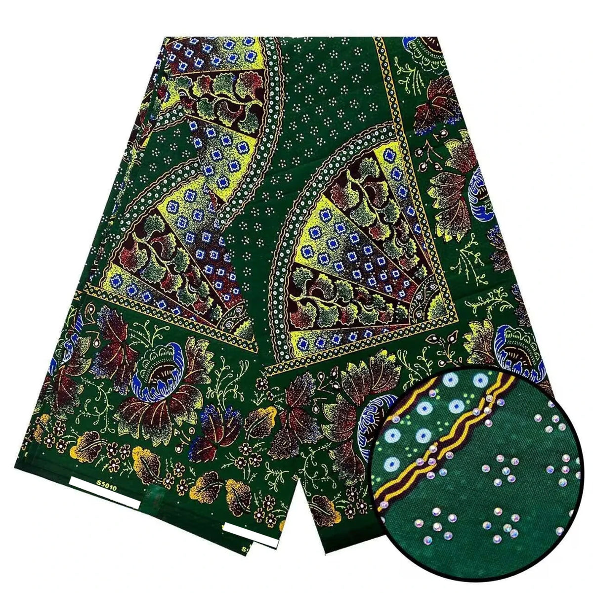Emerald Fan Border Stoned Wax Print – Gold Accents, Real Wax with Stones, 6 Yards