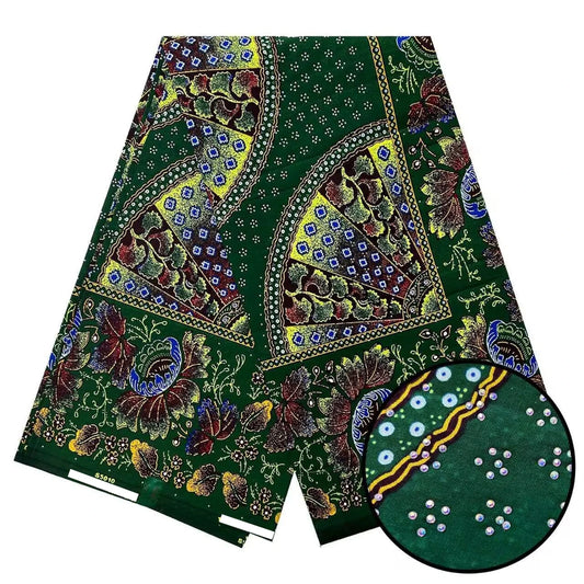 Emerald Fan Border Stoned Wax Print – Gold Accents, Real Wax with Stones, 6 Yards