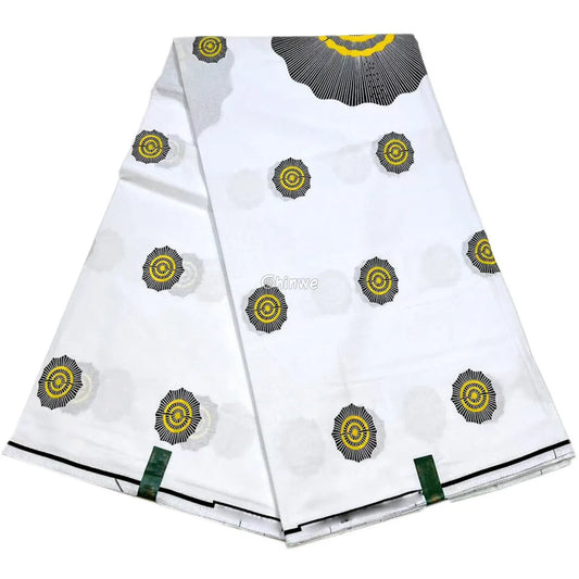 White and Yellow Sunburst Ankara Fabric - Vlisco Wax Print - Premium Dutch Cotton 6 Yards 6 Yards African Wax Print
