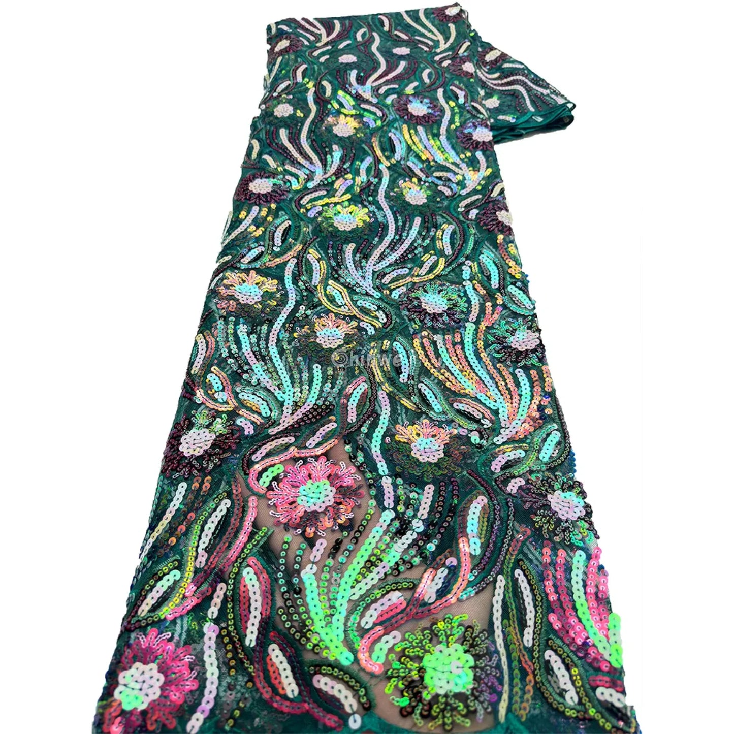 Amethyst & Rose Swirling Waves & Floral Medallion Sequin Print Fabric Emerald & Mint Swirl / 5 Yards / 120cm Lace