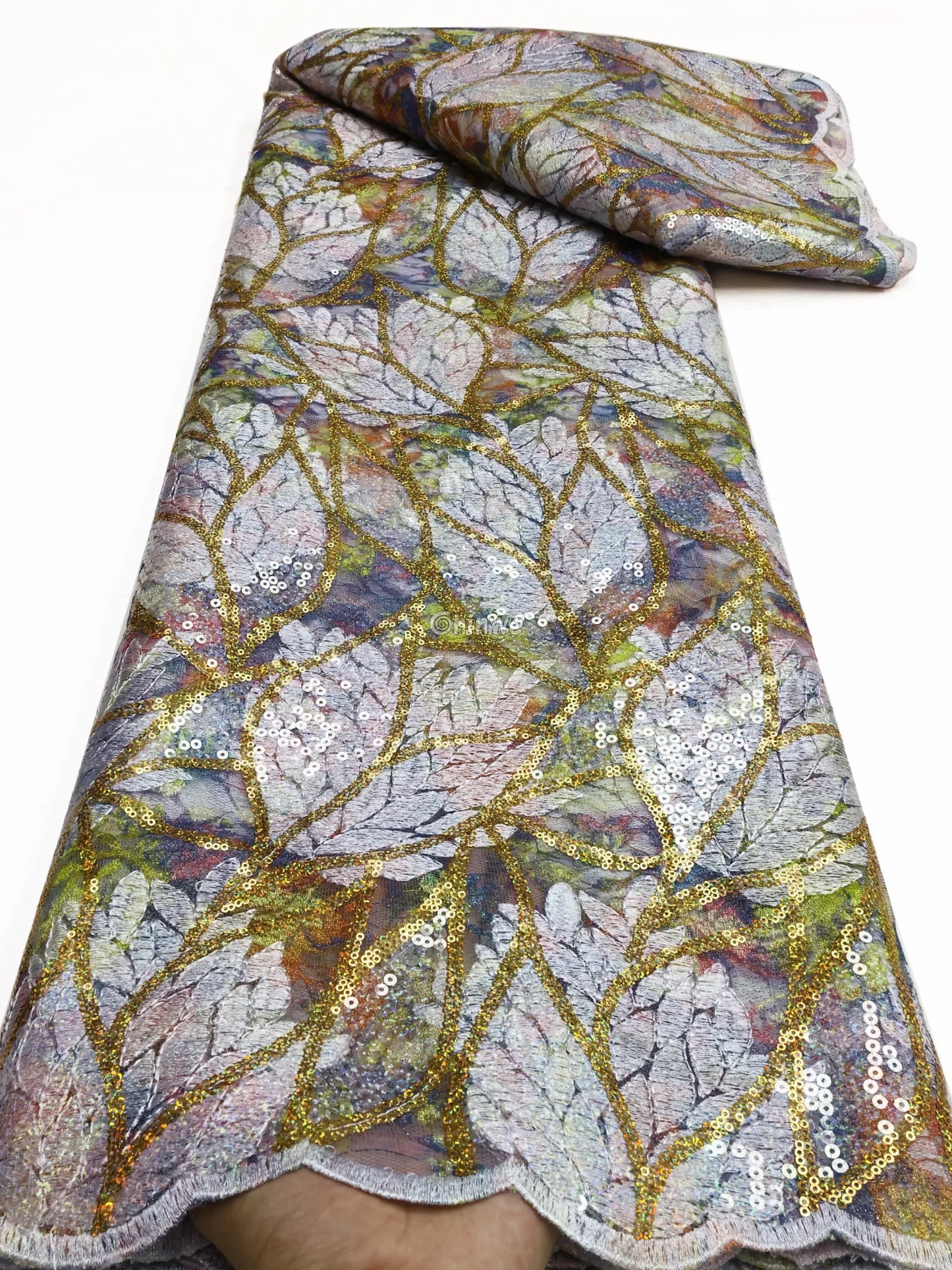 Sheer Mesh Sequin Lace with Leaf Motif Print & Metallic Embellishment Fabric Marble-Multicolor & Gold-Outlined Silver