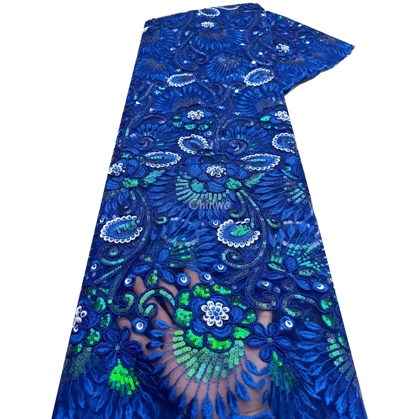Emerald & Sapphire Blue Floral Vine Lace with Raised Petal Motifs and Iridescent Sequin Embellishments Royal Blue &