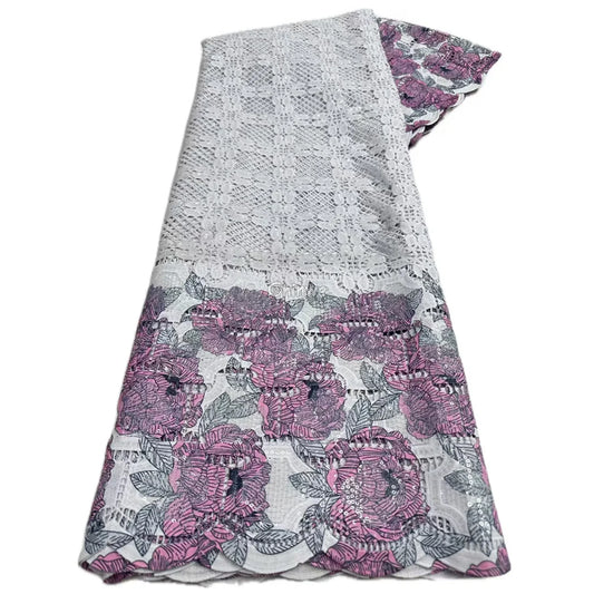 Sequin-Embroidered Mesh Lace with Geometric Grid Overlay & Scalloped Floral Border Fabric Plum Purple Floral / 5 Yards