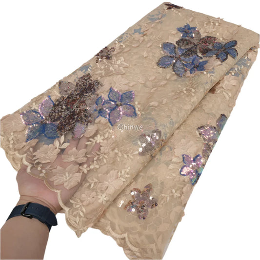 Embroidered 3D Sequin Lace Fabric with Floral Appliqué on Soft Tulle Mesh for Couture Sewing Projects Beige gold with