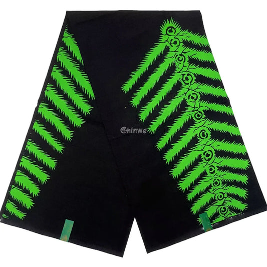 Vivid Fern Stripe Fabric – Green on Black Statement Design Ankara Wax Print Fabric 6 Yards African Wax Print Fabric