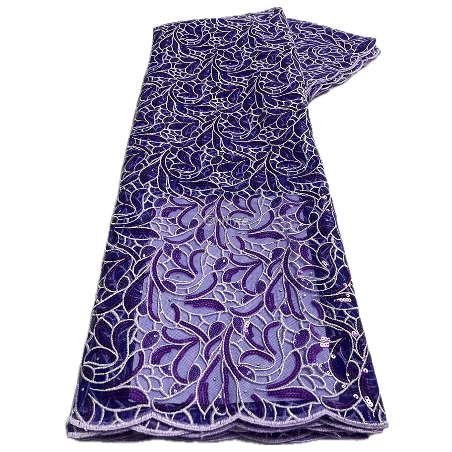 Emerald & Midnight Black Sequined & Embroidered Leaf & Vine Appliqué Mesh Print Fabric Lavender Purple & Silver Leaf