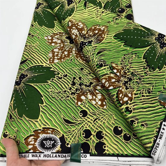 Lime Leaf Garden Stoned Wax Fabric – Grand Super Wax with Rhinestones, 6 Yards
