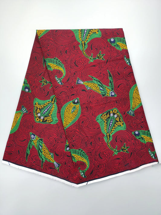 Green Fish on Red Ankara Real Wax Print – 100% Cotton, 6 Yards