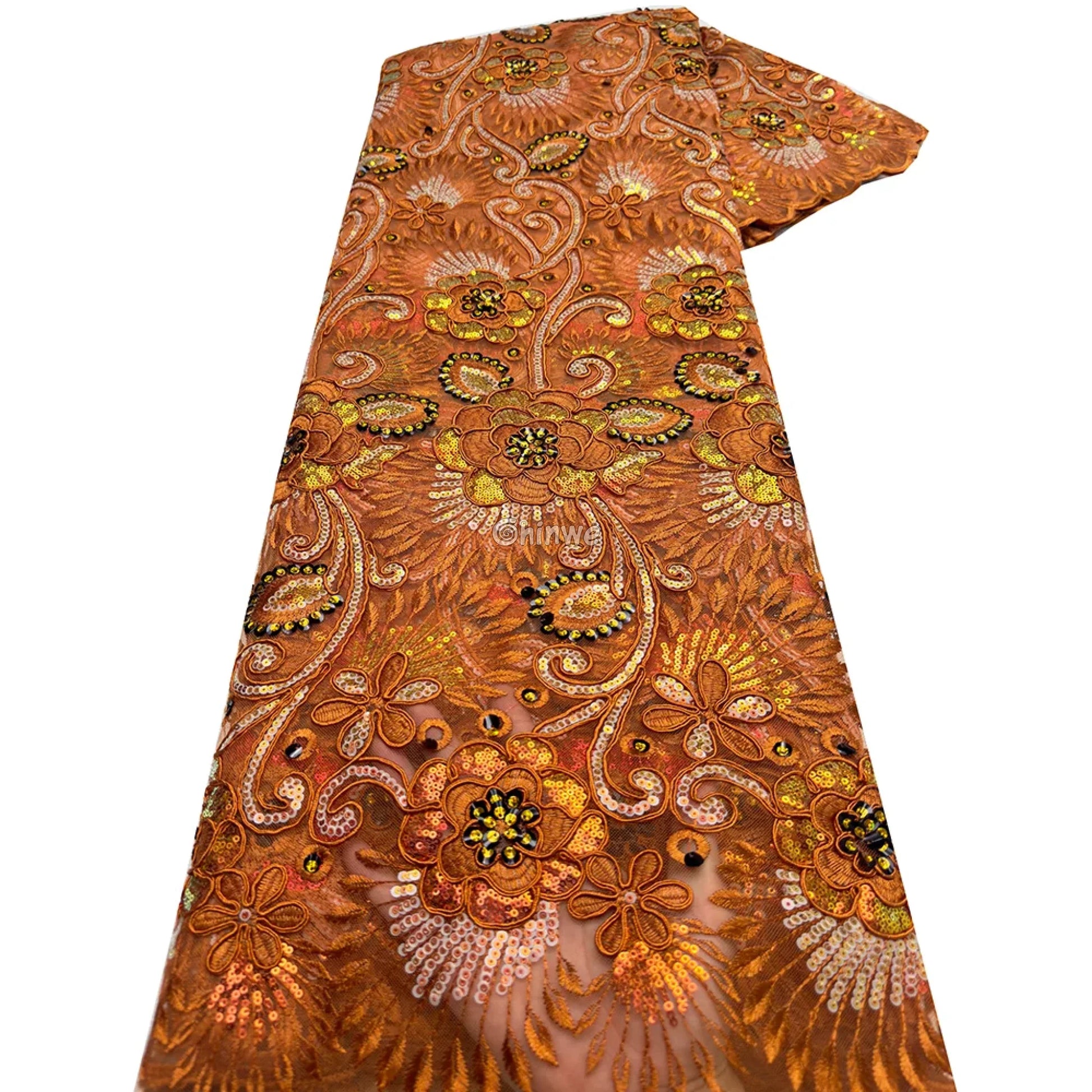 Emerald & Sapphire Blue Floral Vine Lace with Raised Petal Motifs and Iridescent Sequin Embellishments Burnt Orange &