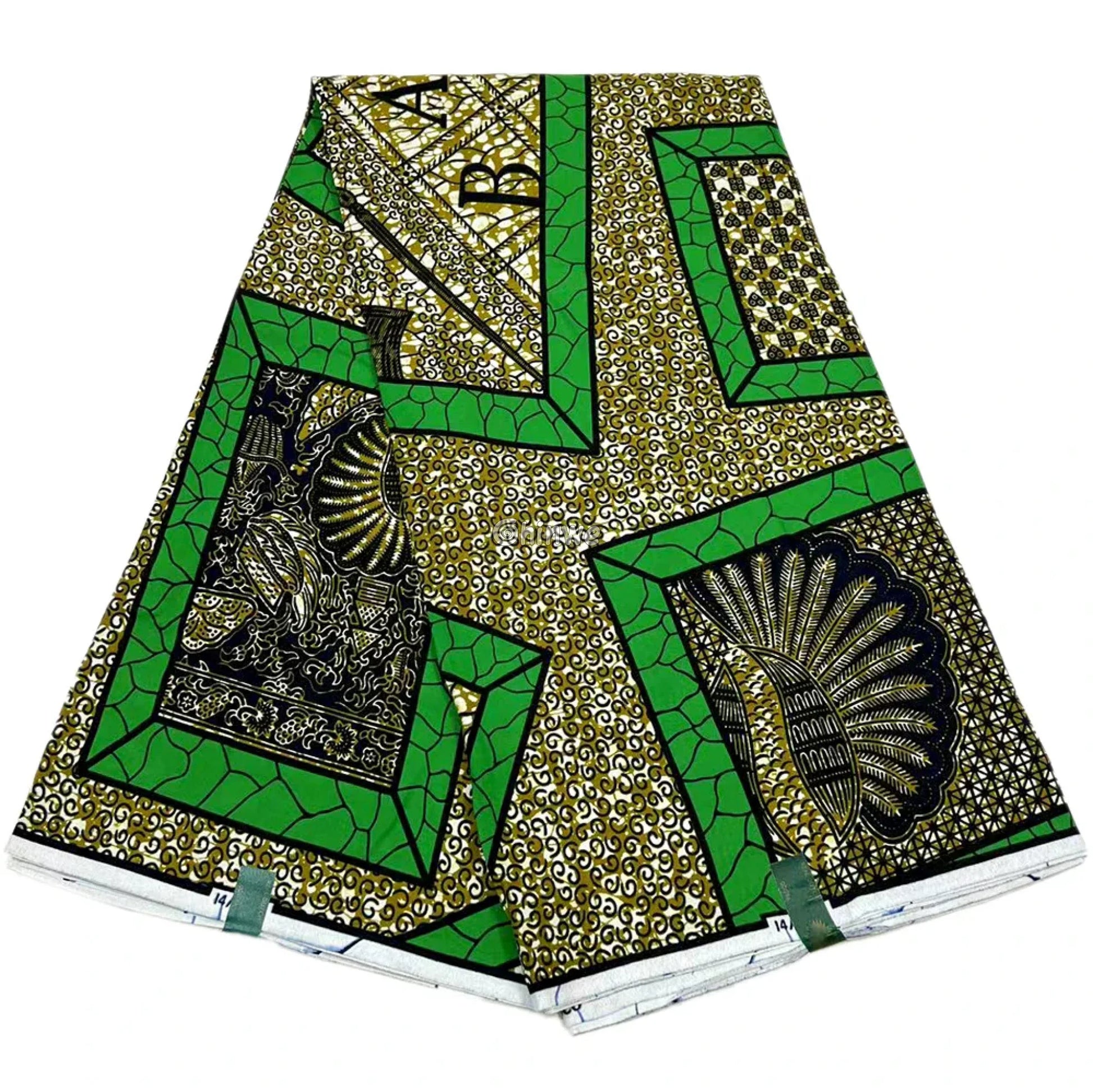 Green and Gold Ankara Fabric with Geometric Blocks and Peacock Feather Pattern 6 Yards African Wax Print Fabric