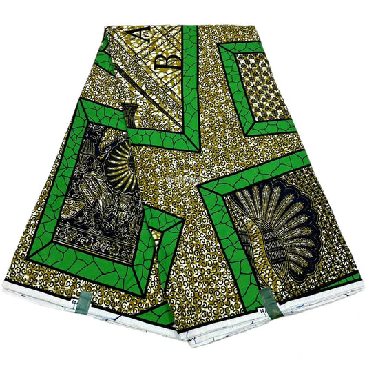 Green and Gold Ankara Fabric with Geometric Blocks and Peacock Feather Pattern 6 Yards African Wax Print Fabric