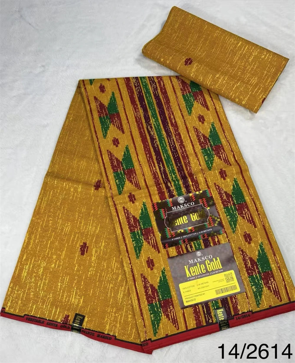 Mustard, Green and Burgundy Stripe Kente-Style Print Fabric, 6 Yards