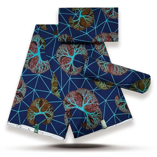 Teal Tree Web Gold Sand Wax Print – Rust Trees on Navy, 100% Cotton, 6 Yards