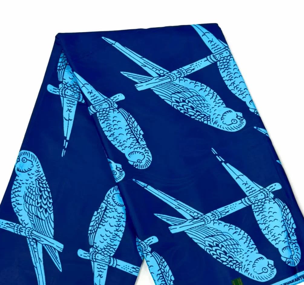 Blue Parrots Ankara Jacquard Wax Print – Sky Blue Birds on Royal Blue, 100% Cotton, 6 Yards
