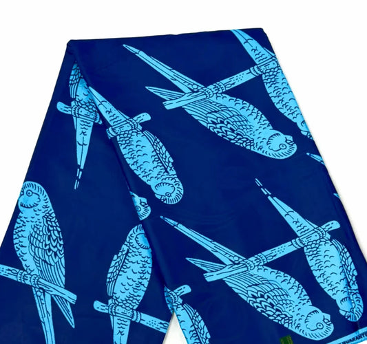 Blue Parrots Ankara Jacquard Wax Print – Sky Blue Birds on Royal Blue, 100% Cotton, 6 Yards
