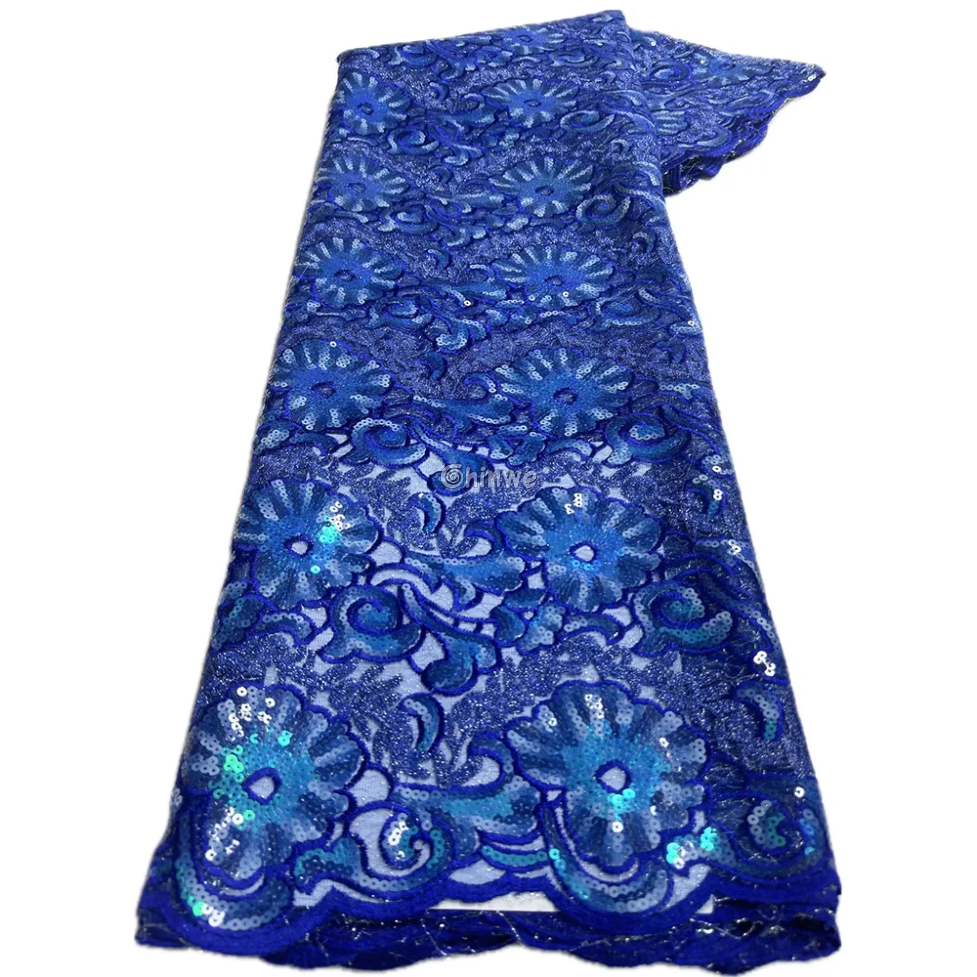 Cobalt & Aqua Floral Medallion Sequin Lace Print Fabric with Scalloped Edge and Lustrous Sheen Cobalt & Aqua Floral