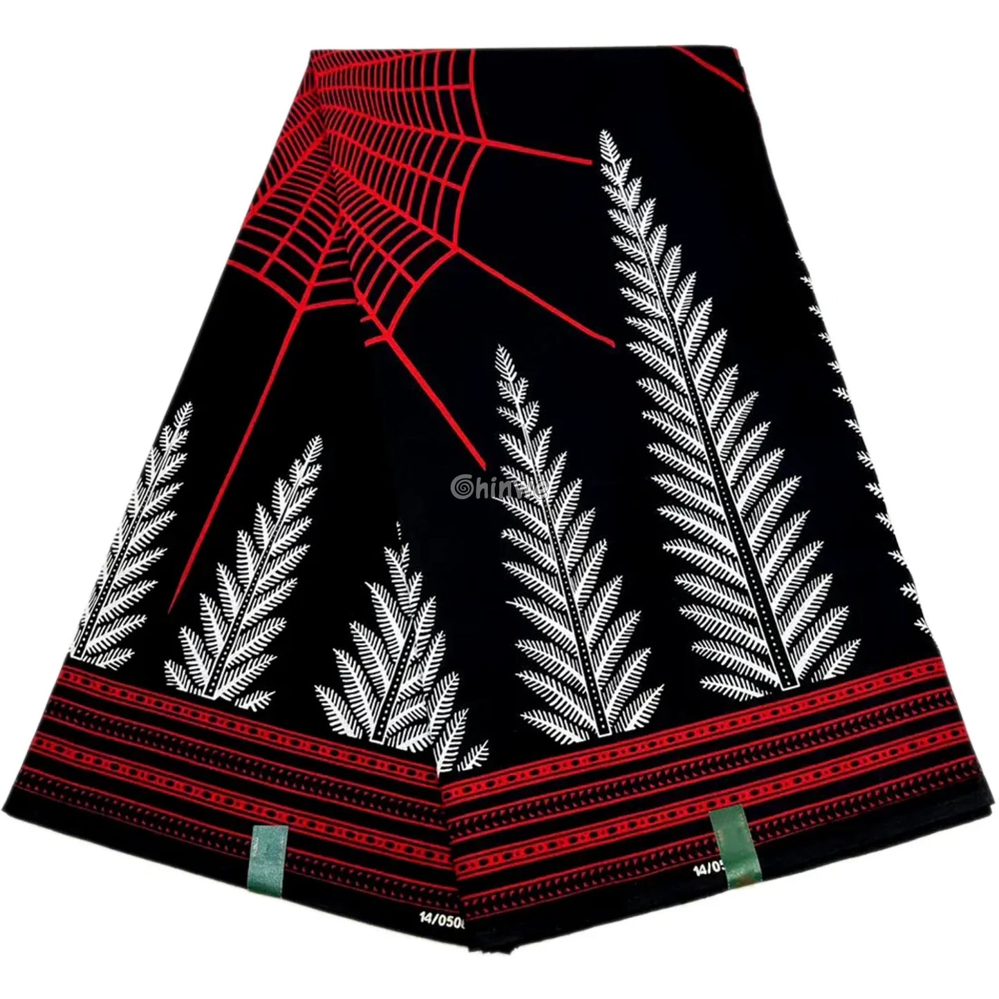 Red and Black Spider Web Ankara Fabric with White Fern Design – Bold African Wax Print Material 6 Yards African Wax
