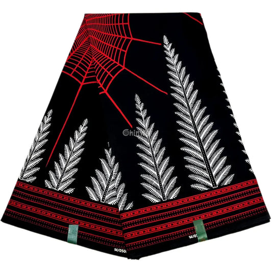 Red and Black Spider Web Ankara Fabric with White Fern Design – Bold African Wax Print Material 6 Yards African Wax