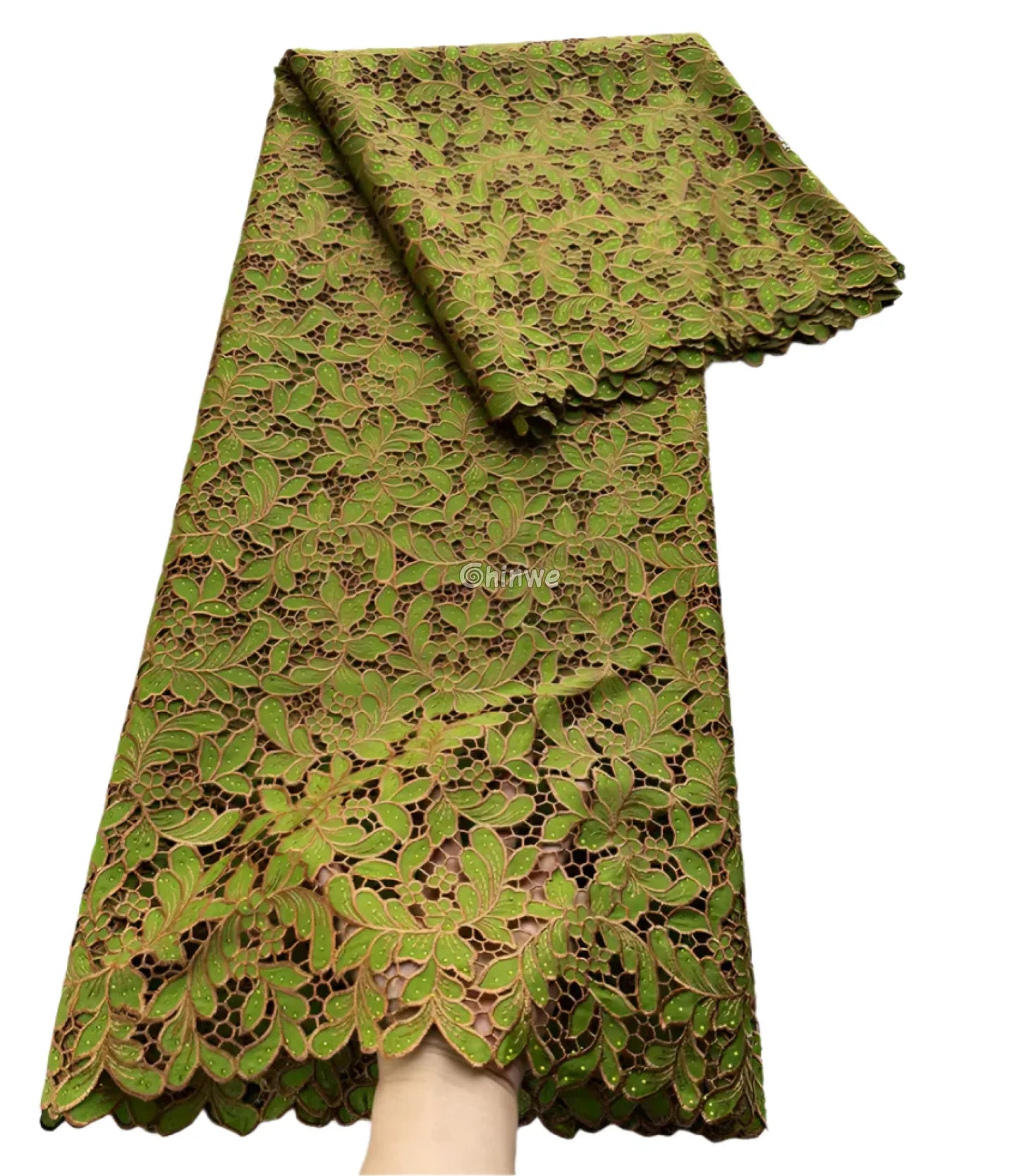 Luxury Guipure Lace Fabric – Floral Corded Korean Lace with Czech Stones Chartreuse / 5yard Lace