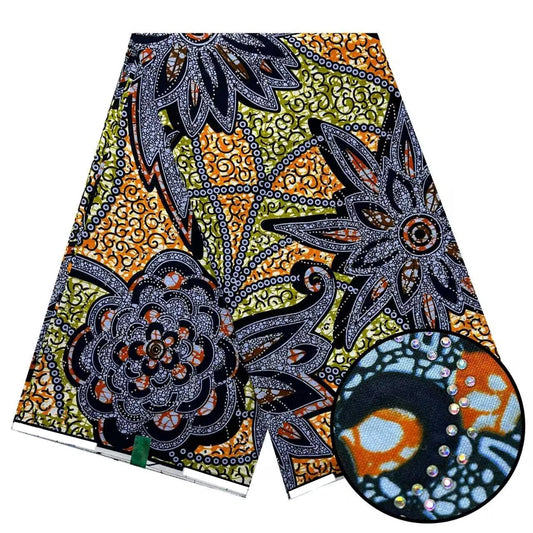 Purple & Orange Bloom Stoned Wax Print – Real Wax with Stones, 6 Yards