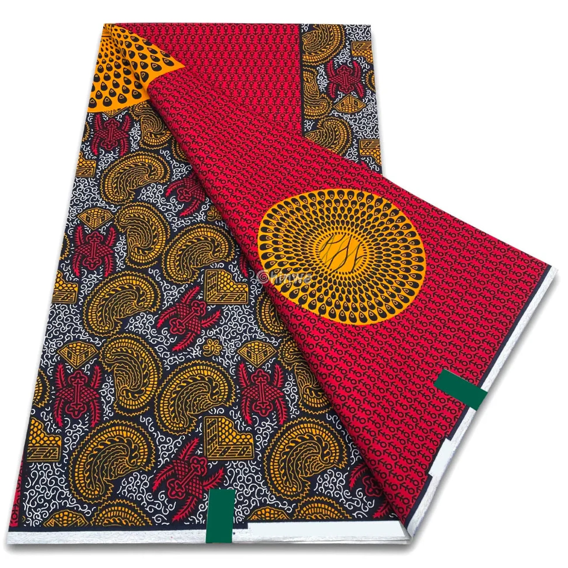 Red and Black Print with Radiating Sunburst Medallion Golden Paisley Motifs and Script Pattern Accents Red and Black