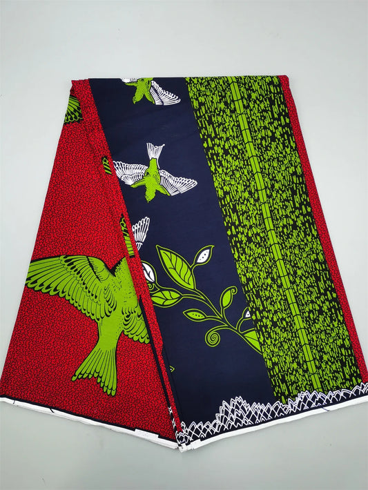 Lime Doves on Red & Navy Ankara Real Wax Print – Bold Panels, 100% Cotton, 6 Yards