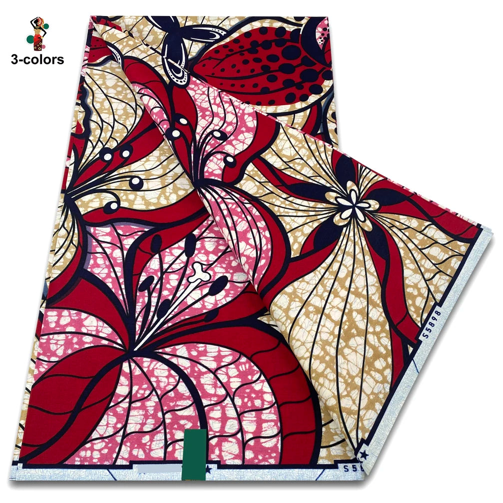 Red and Blush Lily Ankara Real Wax Print – Cream Ground, 100% Cotton, 6 Yards