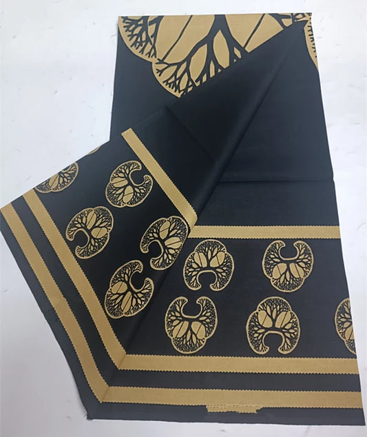 Gold Medallion on Black Ankara Real Wax Print – Stripe Border, 100% Cotton, 6 Yards