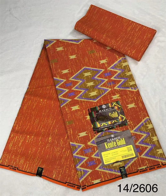 Burnt Orange and Purple Zigzag Kente-Style Print Fabric, 6 Yards