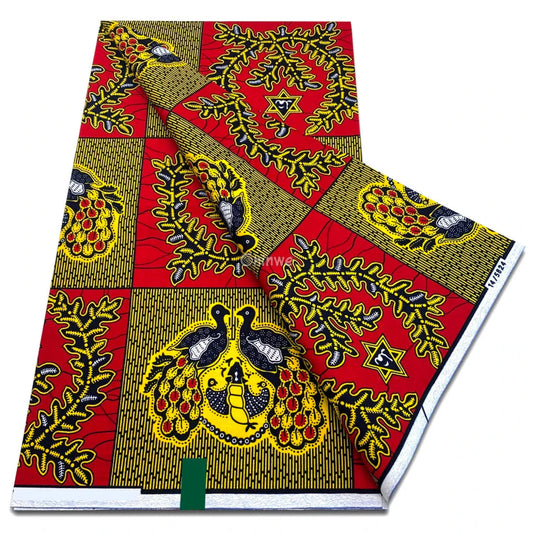 Red Fabric with Laurel Leaf Panels Star Medallions & Dual-Bird Motif in Gold & Black Accents Red Gold Laurel Panel / 6