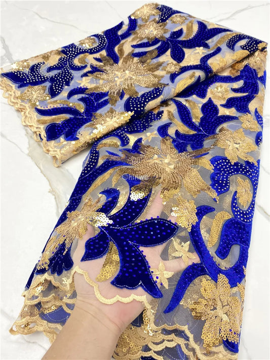 Velvet Mesh Lace with Floral Embroidery Sequin Accents & Scalloped Edge Pattern Lace