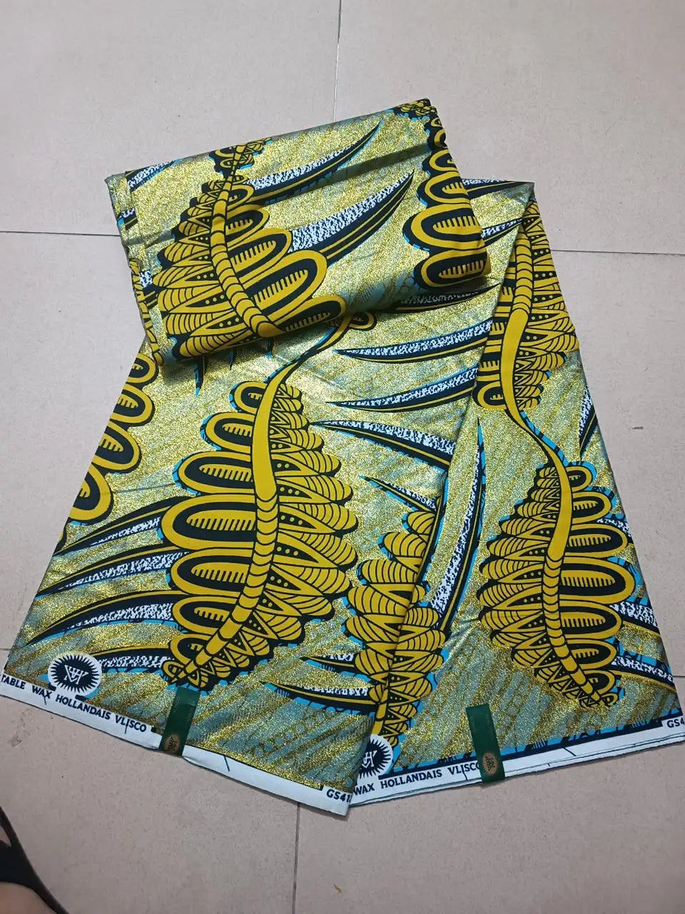 Lime and Gold Fern Ankara gold wax print fabric, 6 yards