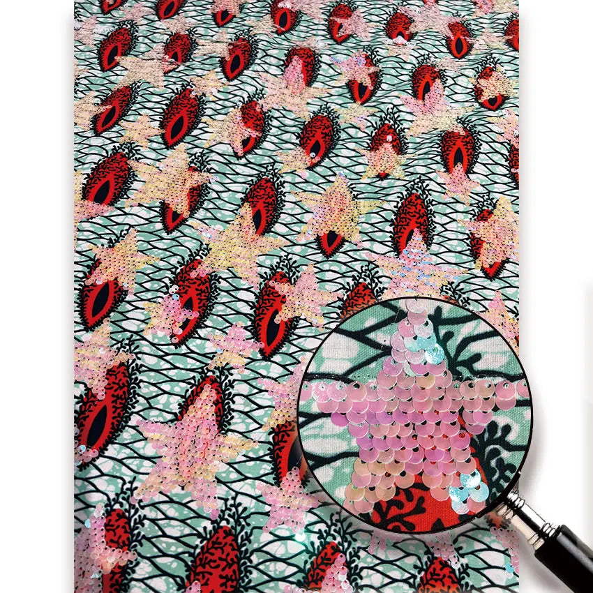 Star Bloom Sequin Wax Fabric – Lime & Maroon, Red & Teal, Black & White or Maroon & Green, 100% Cotton, 6 Yards