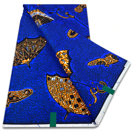 Royal blue Ankara wax print fabric with gold and brown fish motifs