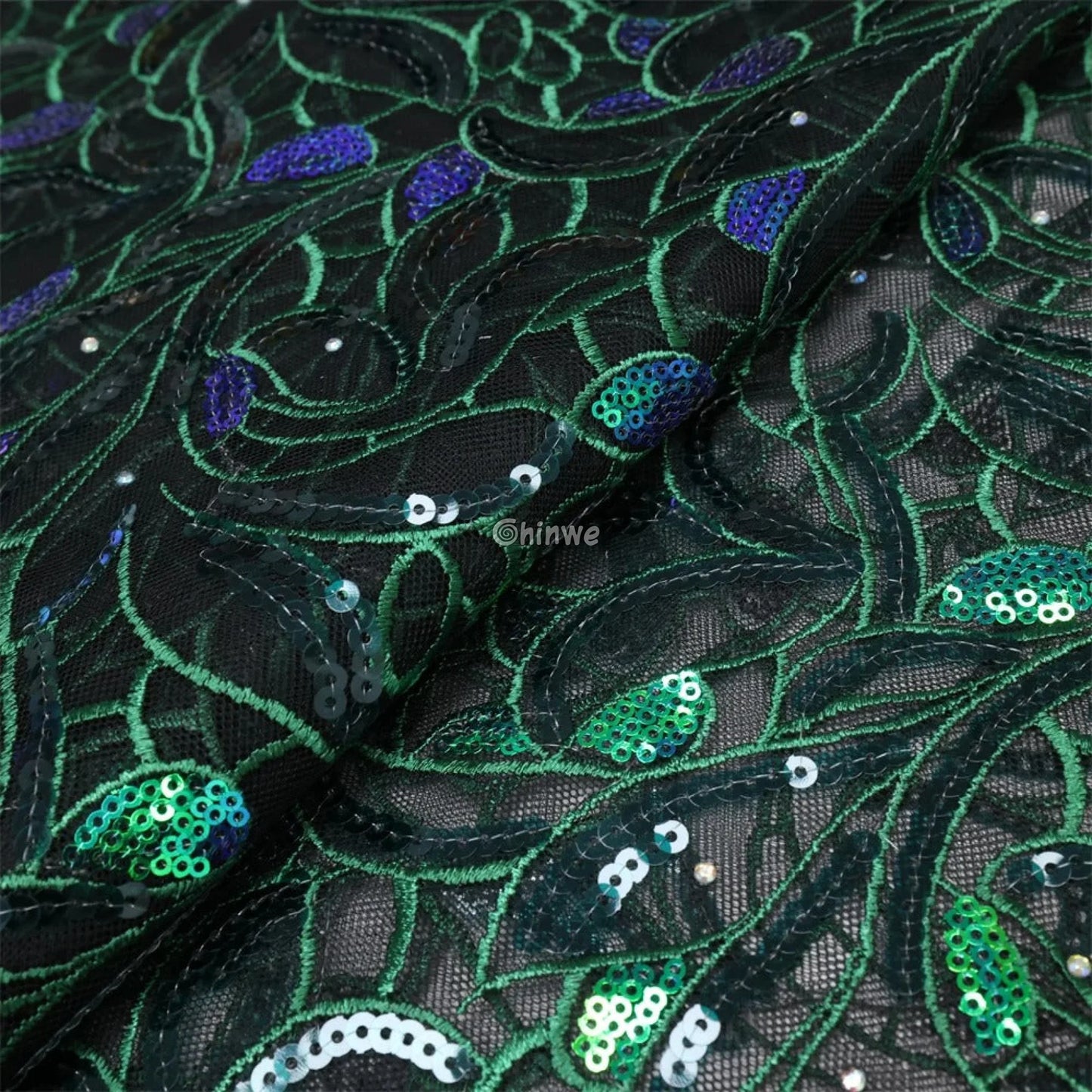 Emerald & Midnight Black Sequined & Embroidered Leaf & Vine Appliqué Mesh Print Fabric Lace