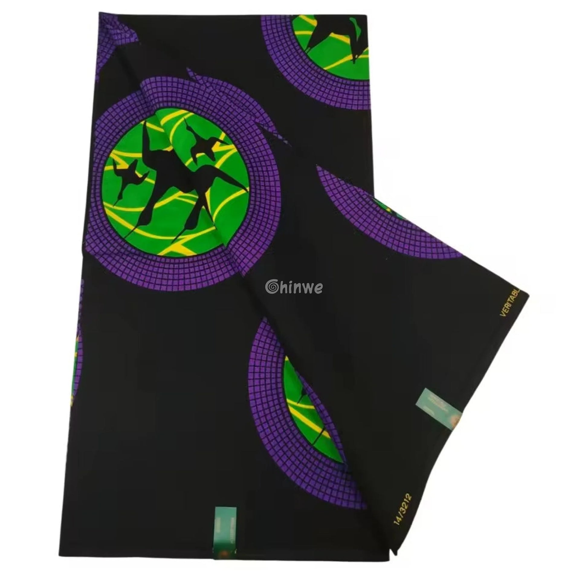 Vibrant Crane Circle Design Fabric – Purple Green and Yellow on Black Ankara Wax Print 6 Yards African Wax Print Fabric