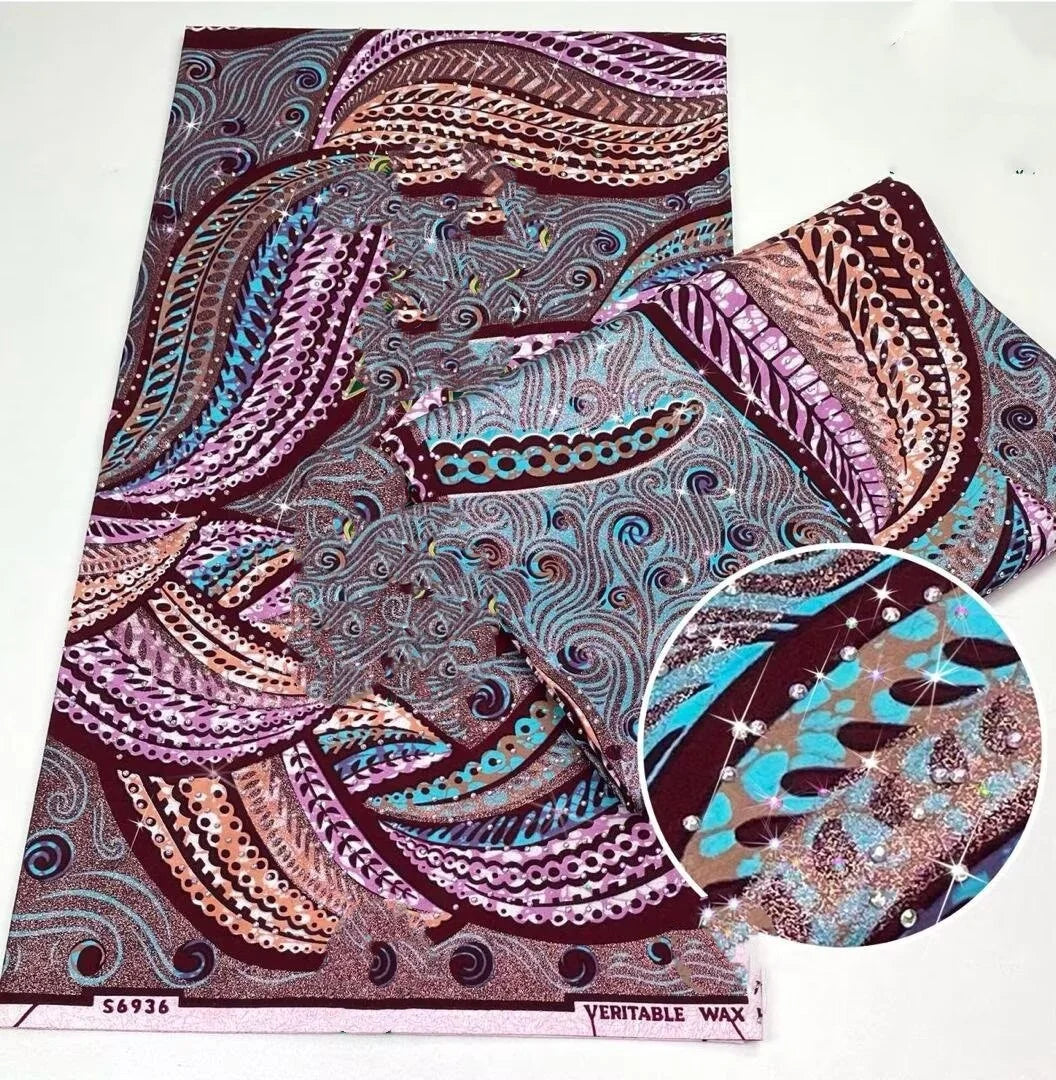 Burgundy and sky blue wave band wax print with close-up