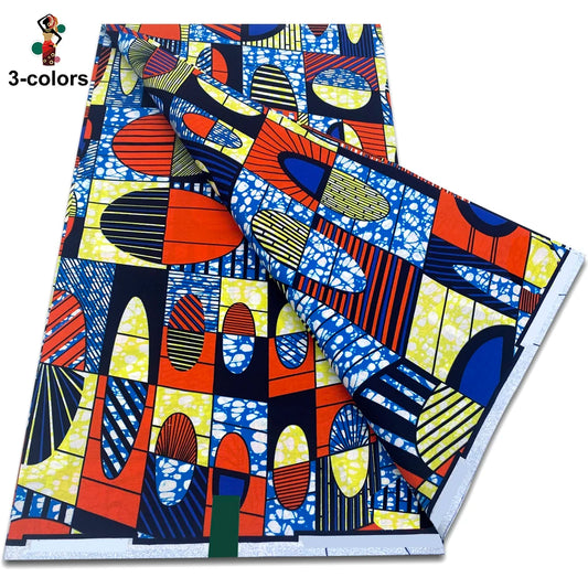 Multicolour Patchwork Tile Ankara Real Wax Print – Navy, Red and Yellow, 100% Cotton, 6 Yards