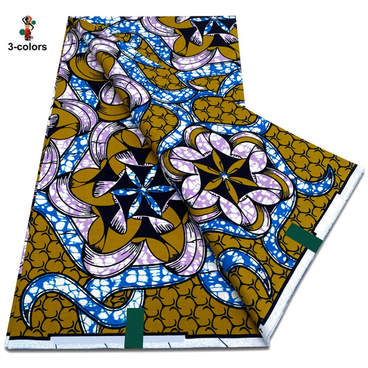 Mustard and Lilac Kaleidoscope Ankara Real Wax Print – Blue Accents, 100% Cotton, 6 Yards