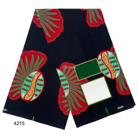 Vibrant Seed Pod Fabric – Red and Green Floral Motif on Black Ankara Wax Print 6 Yards African Wax Print Fabric