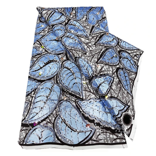 Silver Blue Leaf Stoned Wax Print – Heavyweight Poplin with Stones, 6 Yards