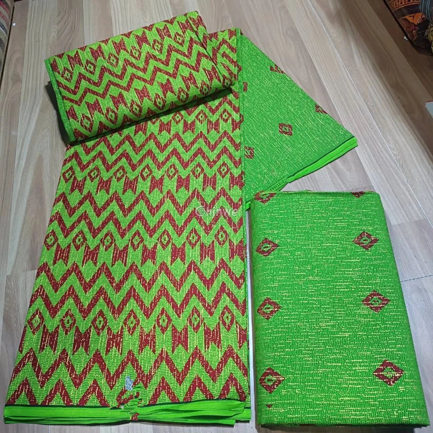 Lime Green & Red Kente Brocade with Zigzag Chevron Motif and Metallic Thread Highlights Lime Ember Kente / 6yards