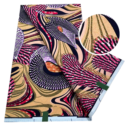 Tan & Magenta Peacock Fan Flash Gold Wax Print – Grand Super Glitter, 6 Yards