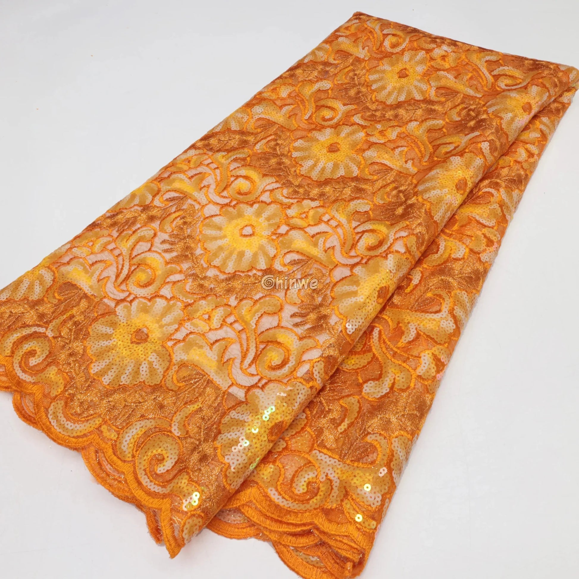 Cobalt & Aqua Floral Medallion Sequin Lace Print Fabric with Scalloped Edge and Lustrous Sheen Lace