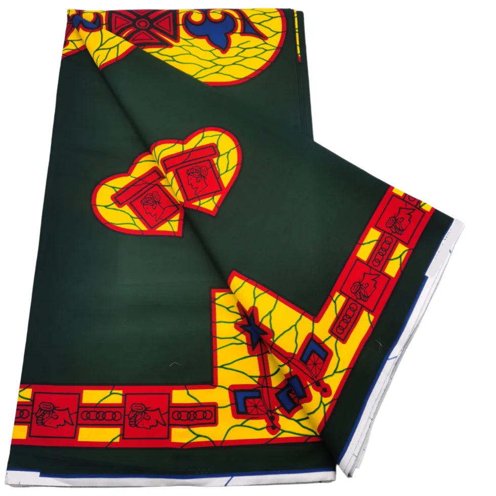 Dark green Ankara real wax print with red and gold hearts and a wide patterned border, 100% cotton, 6 yards