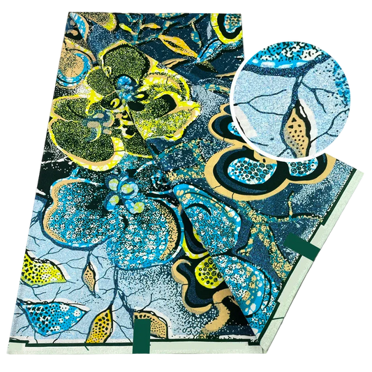 Orchid Bloom Flash Gold Wax Print – Teal & Lime, Cream & Lilac or Navy & Blue, Grand Super Glitter, 6 Yards