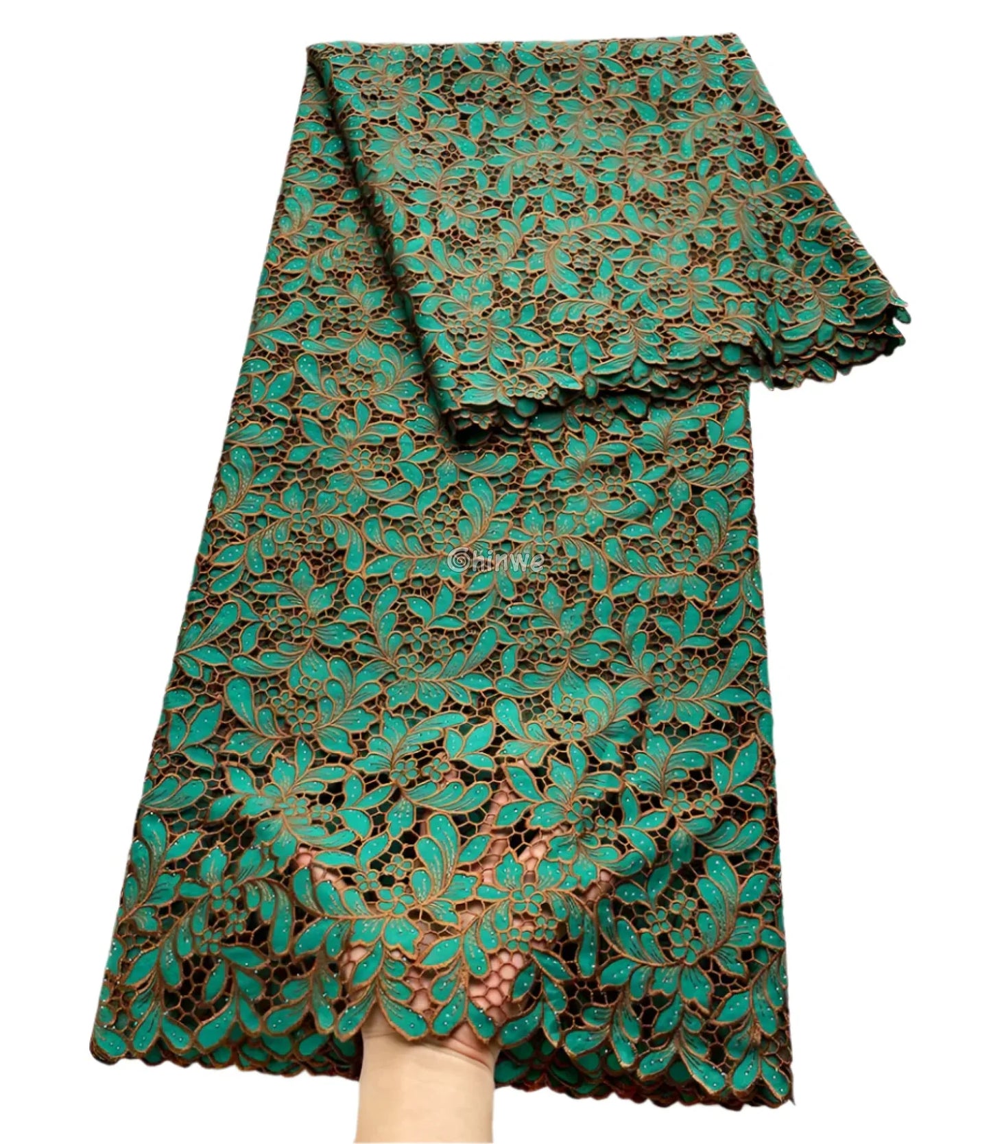 Luxury Guipure Lace Fabric – Floral Corded Korean Lace with Czech Stones Green Brown / 5yard Lace