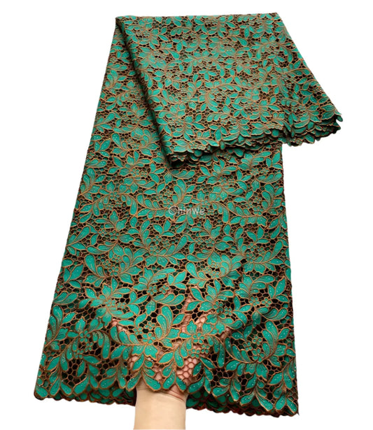 Luxury Guipure Lace Fabric – Floral Corded Korean Lace with Czech Stones Green Brown / 5yard Lace