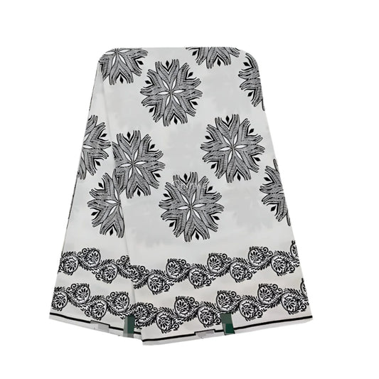 Elegant Monochrome Bloom Fabric – Black Floral Pattern on White Ankara Wax Print 6 Yards African Wax Print Fabric