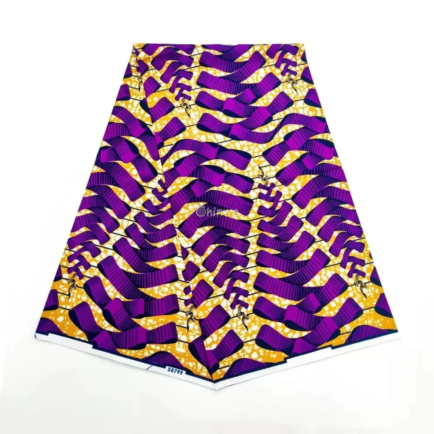 Violet Ribbon & Stripe Motif Ankara Wax Print on Golden Crackle Base with Dynamic Flow Violet Ribbon Wave / 6 Yards